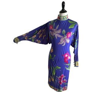 Vintage 70s 80s Silk Mock Neck Dress Orchid Print Batwing Sleeves Size‎ XS S